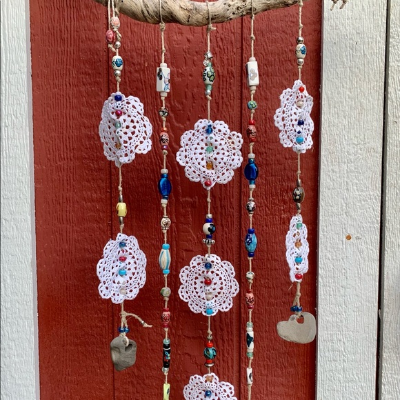 Driftwood Crochet Boho Flowers Of Life Glass Beads Sea Rocks Window Wall Decor - Picture 6 of 15